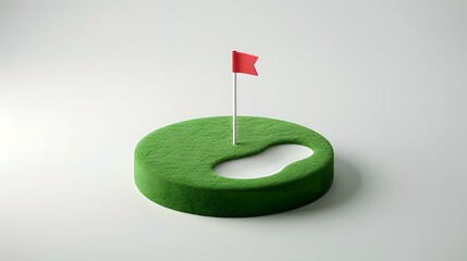 A miniature golf course with green grass and a red flag on a white background in a studio shot