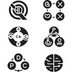 Art of collection of black icons depicting business strategy, planning, goal setting, data analysis, and conceptual connections