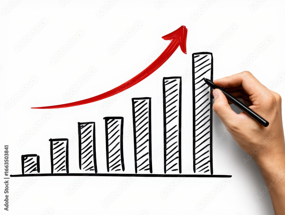 Poster hand-drawn growth chart a visual representation of increasing values with a red arrow and a hand add