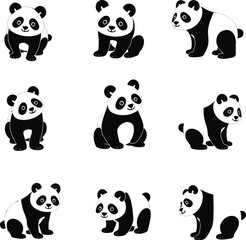 Naklejka premium Nine adorable panda bear silhouettes sitting poses