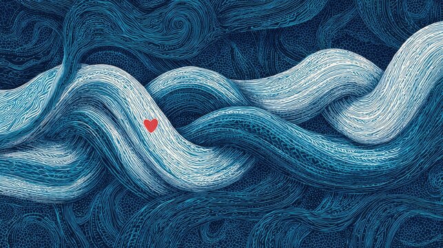 Intricate blue and white waves intertwine, with a small red heart. - Powered by Adobe