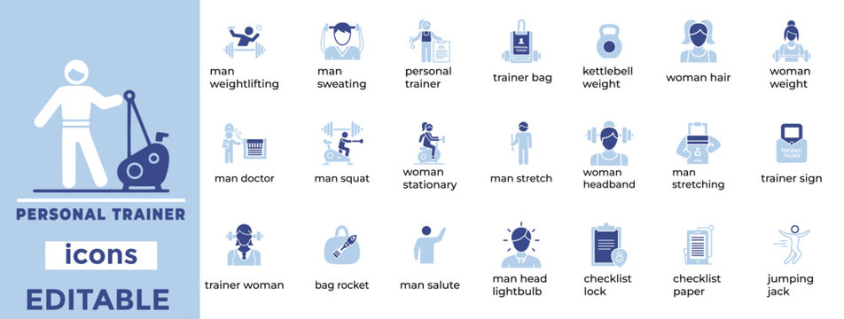 Clean editable personal trainer vector icons  perfect for fitness, coaching, gym branding and app design
