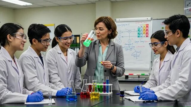 A teacher and students in a science lab with test tubes and equipment