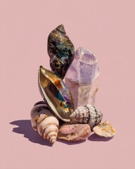 Colorful Shells and Crystal on Soft Pink Surface