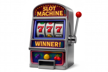 Slot machine displaying a winning combination of triple sevens on a transparent background, symbolizing luck and fortune in gambling