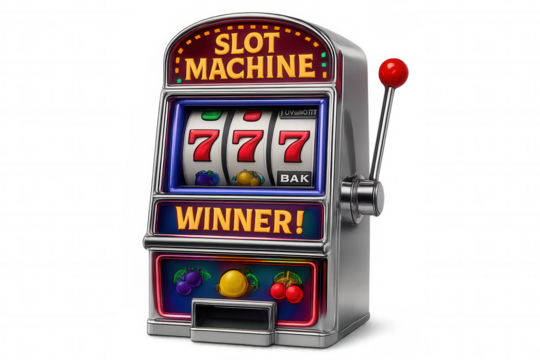 Slot machine displaying a winning combination of triple sevens on a transparent background, symbolizing luck and fortune in gambling - Powered by Adobe