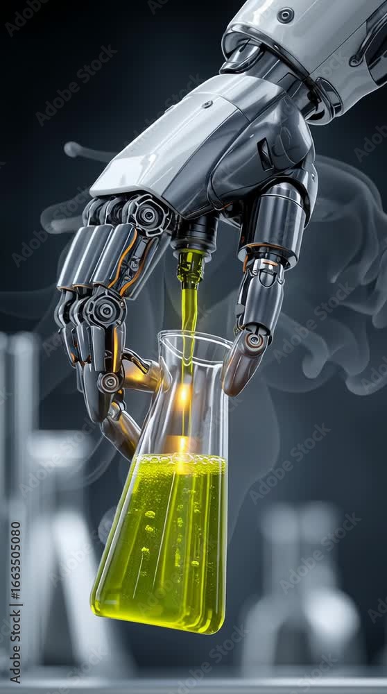 Poster robotic hand assists in laboratory experiment with glowing green liquid in flask