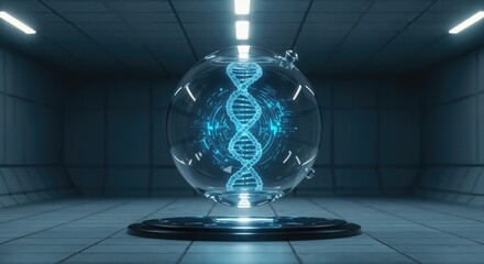 Genetic Engineering in Health Research. A futuristic glass sphere displaying DNA strands in a sleek, high-tech environment.