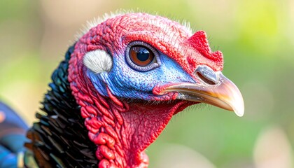 Close-up of a wild turkey's head, showcasing its vibrant red, blue, and black plumage, and detailed facial features.