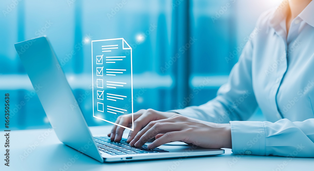 Poster woman working on a laptop with a digital checklist displayed on screen, representing online task man