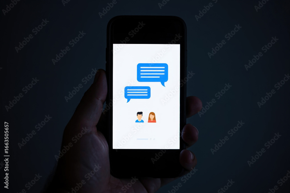 Poster illuminated smartphone displaying a messaging interface with chat bubbles and user avatars, held in 