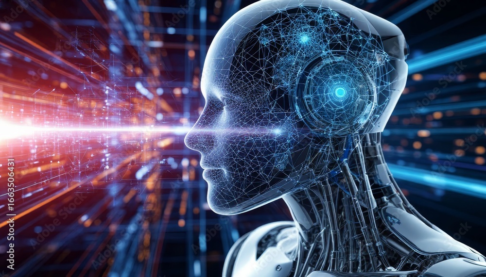 Poster deep in a futuristic world, a sophisticated robotic figure stands with intricate circuitry and blue 