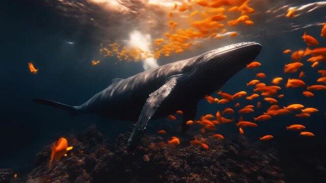 Surreal Underwater Spectacle: A Giant Whale Navigates a River of Glowing Golden Fish