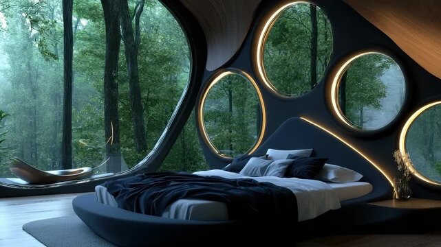 Modern luxurious bedroom interior. Sleek curved bed with dark bedding. Expansive organic windows frame a vibrant green forest landscape. Illuminated headboard details