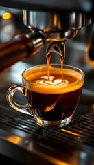 Close-up of espresso machine pouring coffee with crema in warm lighting