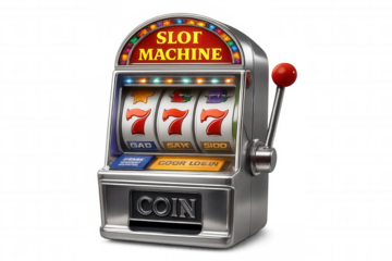 Glowing jackpot slot machine with triple seven symbols against transparent backdrop, highlighting classic gambling win scenario