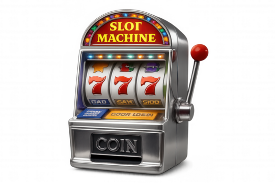 Glowing jackpot slot machine with triple seven symbols against transparent backdrop, highlighting classic gambling win scenario