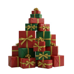 Obraz premium A festive pyramid of Christmas gifts wrapped in red, green, and gold ribbons, glowing with holiday magic. A symbol of joy, anticipation, and the warmth of giving, set against a pristine white backgrou