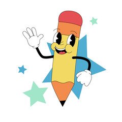 Cute cartoon pencil character in retro 80s style for school and education illustration