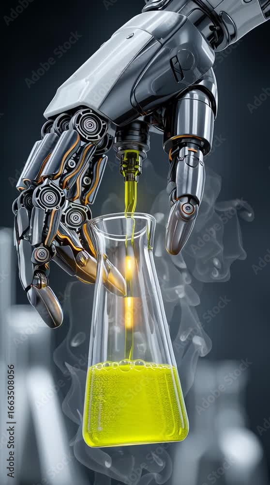 Poster robotic hand mixes bright solution in laboratory setting with glassware all around