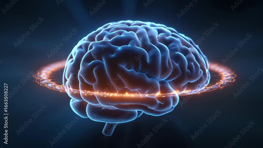 Poster digital brain with glowing ring: high-tech visualization of cognitive function and neural networks f