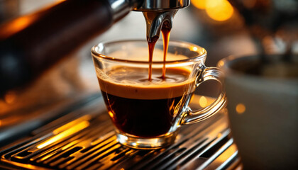 Fototapeta premium Close-up of espresso machine pouring coffee with crema in warm lighting