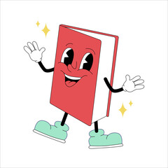 Cute cartoon book character in retro 80s style for school and education illustration