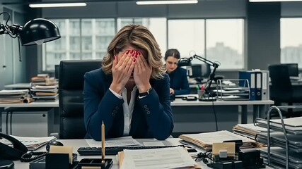 Businesswoman in a modern office feeling stressed while working at her desk with paperwork and colleagues