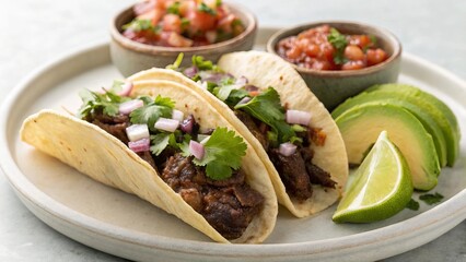 Fusion masterpiece: Korean short rib tacos with melted cheese and fresh cilantro, plated with precision and vibrant colors for food storytelling