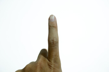 Close-Up of a Human Finger Pointing Upward Against a Clean White Background