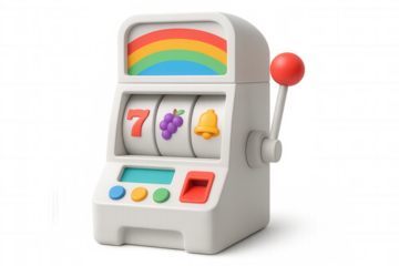 3d rendered slot machine displaying lucky seven, grapes, bell, rainbow, isolated transparent background