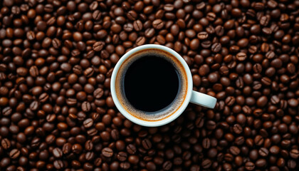 Fototapeta premium Top-down shot of glossy Arabica beans with espresso cup and rich crema