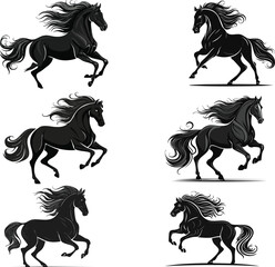 A collection of six black horse illustrations in various running and rearing poses on a white background