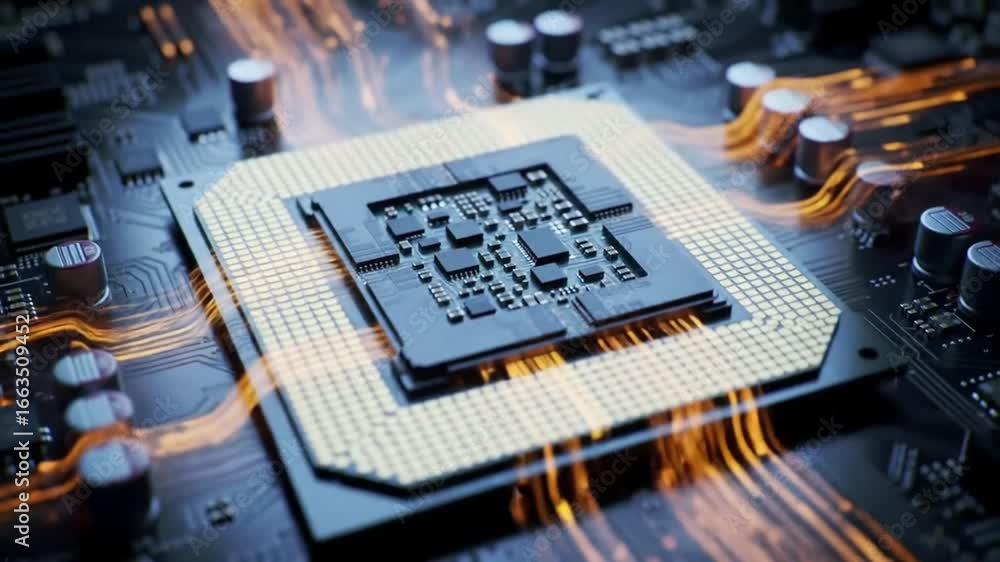 Poster a detailed close-up of a central processing unit on a circuit board with glowing data pathways, illu