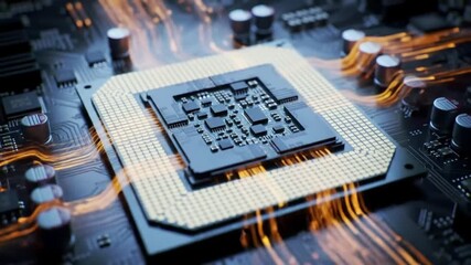 A detailed close-up of a central processing unit on a circuit board with glowing data pathways, illustrating advanced digital technology and electronic components. - Powered by Adobe