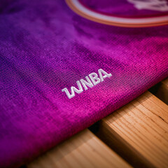 Embroidered WNBA logo on vibrant purple and pink gradient fabric, showcasing athletic pride