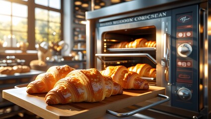 Delicious freshly baked golden brown croissants with flaky layers, placed on a wooden counter tray