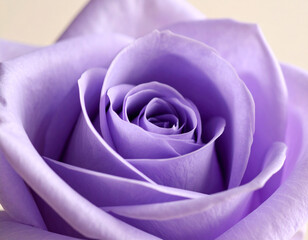 striking close-up photograph captures a single, fully bloomed purple rose with velvety petals spiraling inwards towards the center. Hints of a green stem and leaf are visible against a softly blurred,
