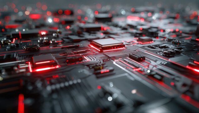 Close-up of intricate circuit board with glowing red lines, central processor chip, and blurred background