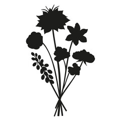 Naklejka premium Wildflowers silhouette bouquet. Hand-drawn nigella, pansy, muscari, meadow flowers, herbs, and wild plants. Botanical elements for design projects. Minimal style, vector illustration