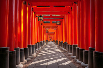 Endless Vermilion Torii Gates with Sunlight and Lanterns in image of Kyoto Shrine
