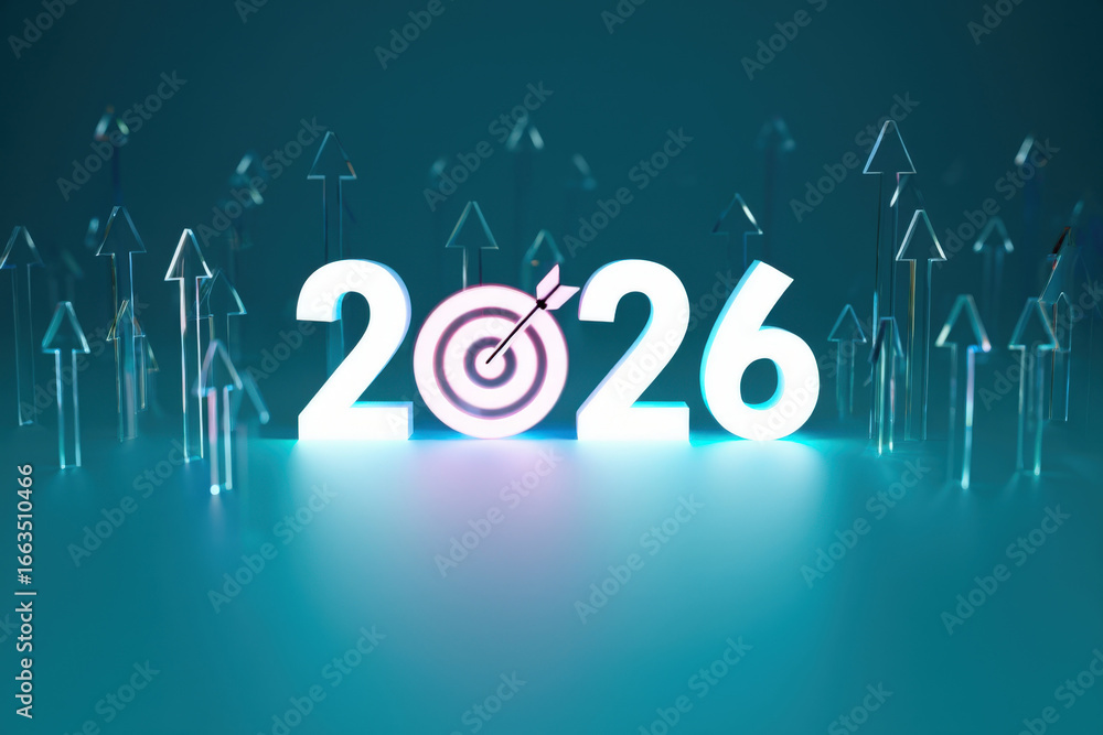 Poster illuminating the path to 2026 a vision of future success with arrows pointing upward and a target sy