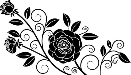 Elegant rose branch with leaves vector silhouette