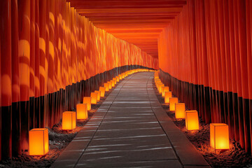 Fototapeta premium Endless Vermilion Torii Gates with Sunlight and Lanterns in image of Kyoto Shrine 