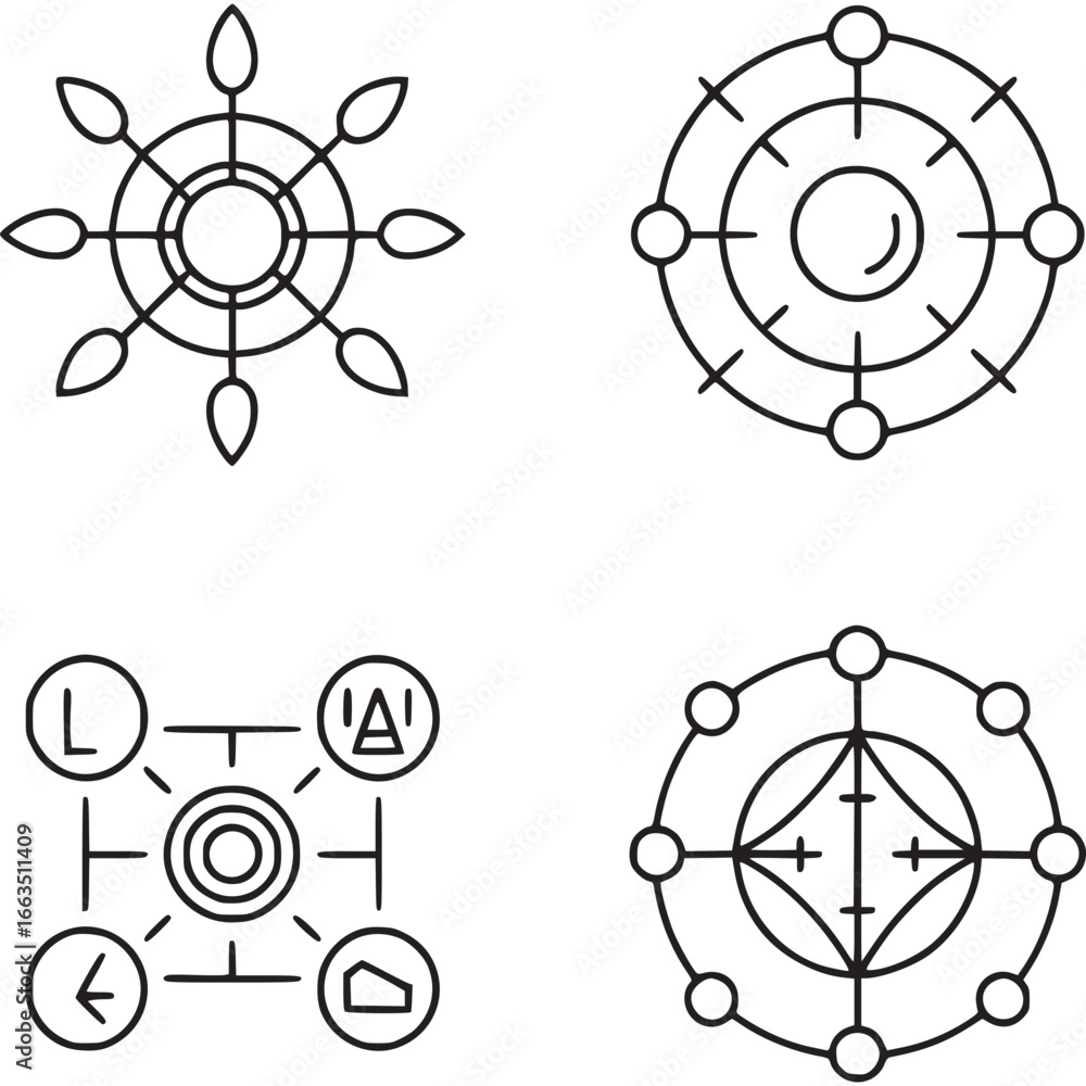 Poster art of abstract geometric icons featuring circular and radial designs with connecting elements