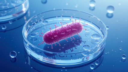 Microscopic view of a bacterium in a petri dish with water droplets