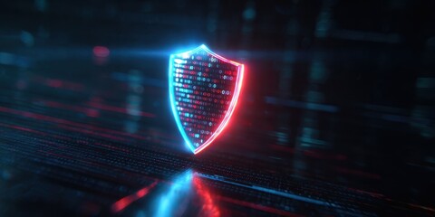 The glowing shield symbolizing digital security in a futuristic environment.
