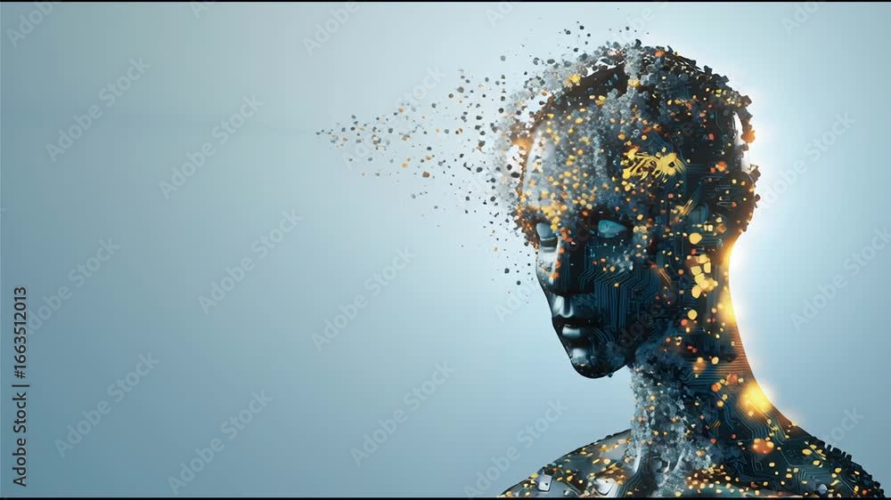 Poster exploring the fusion of technology and humanity through abstract digital art showcasing a disintegra
