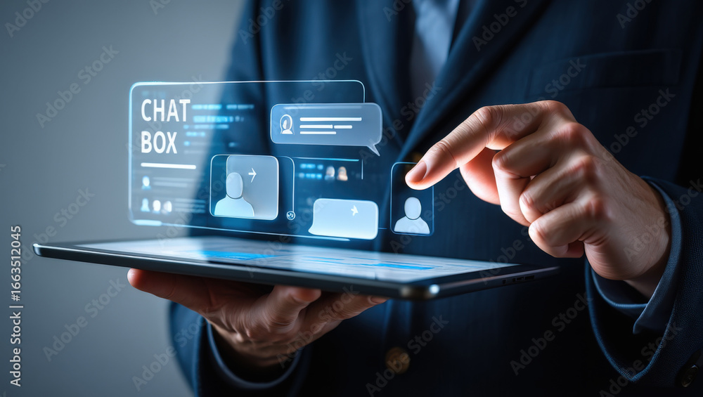 Poster interactive chatbox interface on digital tablet displayed by professional in suit showcasing modern 