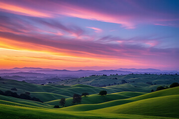 Rolling green hills at sunset with purple and orange sky